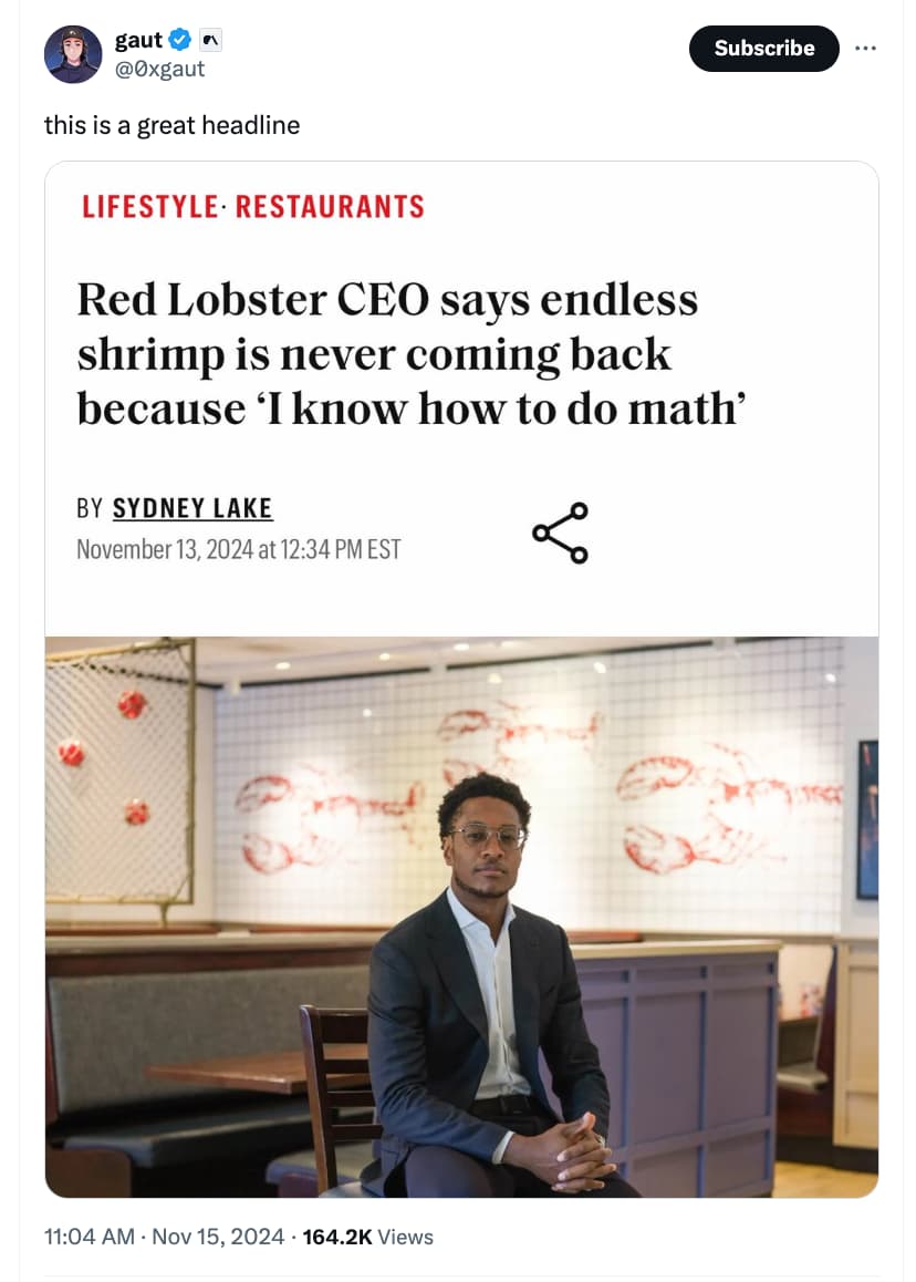 damola red lobster - gaut this is a great headline Lifestyle. Restaurants Subscribe Red Lobster Ceo says endless shrimp is never coming back because 'I know how to do math' By Sydney Lake at Est Views